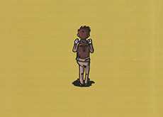 Reprodução da capa do livro Saburo. Esta capa possui fundo amarelo, título escrito em caracteres japoneses e a palavra "Saburo" abaixo desse título. Na parte inferior, há um desenho de uma criança de costas, utilizando uma mochila. Abaixo, o nome Ricardo Ono.
